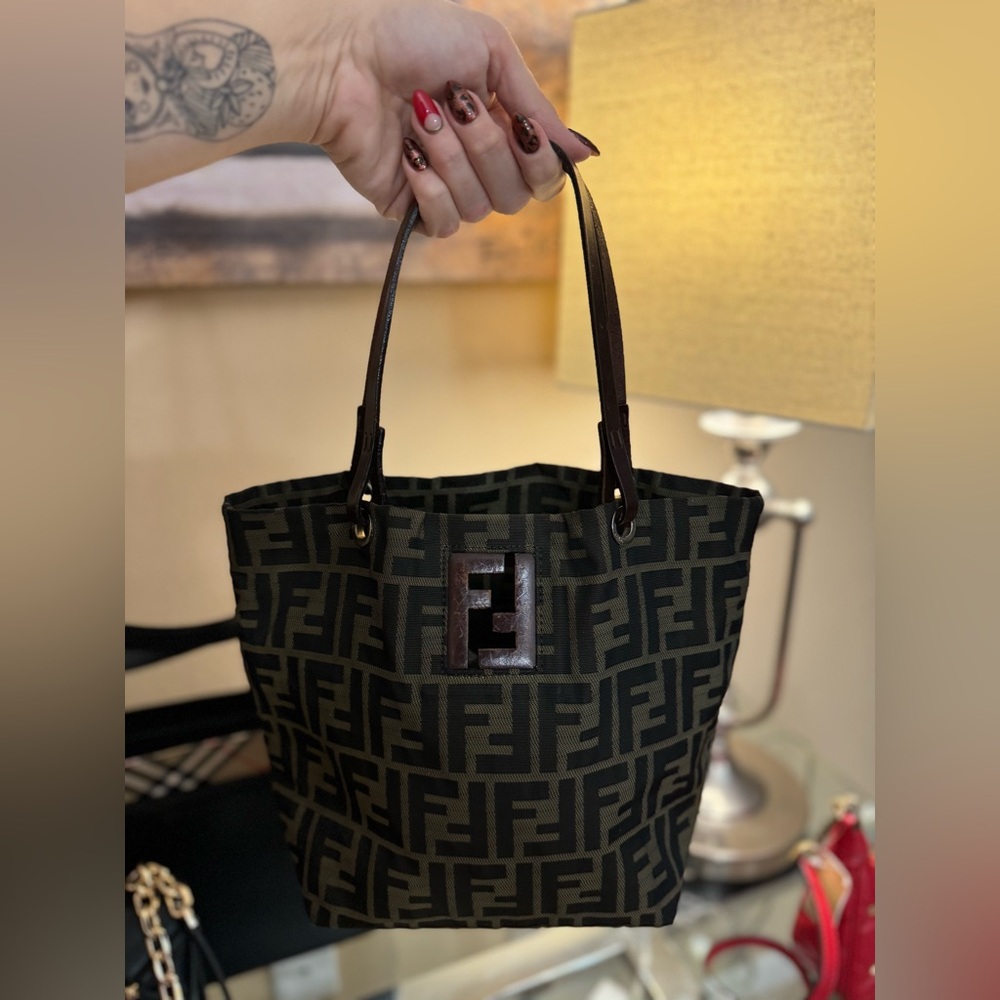 Authentic Fendi Vintage Zucca Canvas Small Bag with Brown Leather Straps